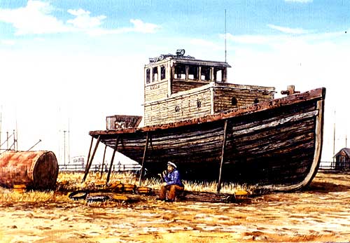 Moss Landing Sailor, Acrylic Painting Of Moss Landing, Monterey Bay, California by California Artist Greg Fetler