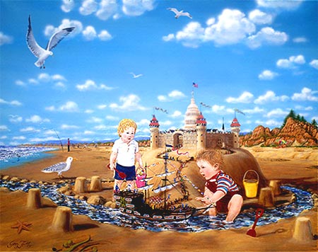 Sand Castle: Children Beach Painting, Children Playing at the Beach Art Print, Fantasy Art, Children Giclee Print