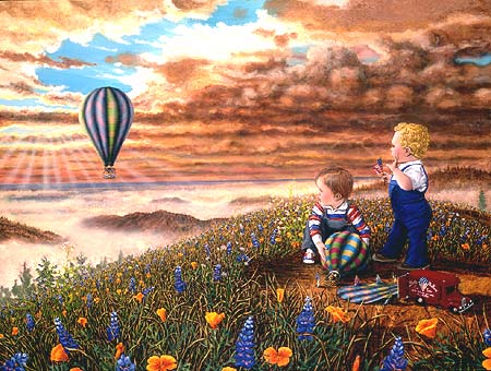 The Balloonists: Art Print for Sale, Magic Realism Painting, Children Art, Fantasy Children And Elves Giclee Print